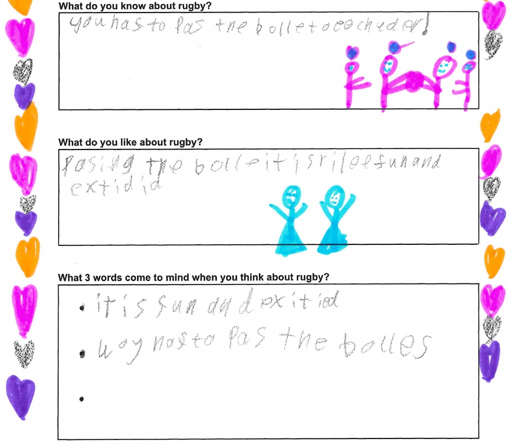 A child's drawing of players passing a rugby ball, with colourful hearts and handwritten feedback