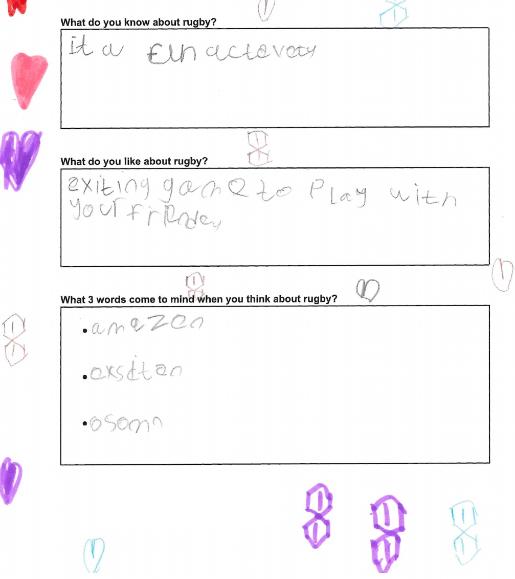 A child's handwritten feedback about enjoying rugby with friends, surrounded by colourful hearts and shapes