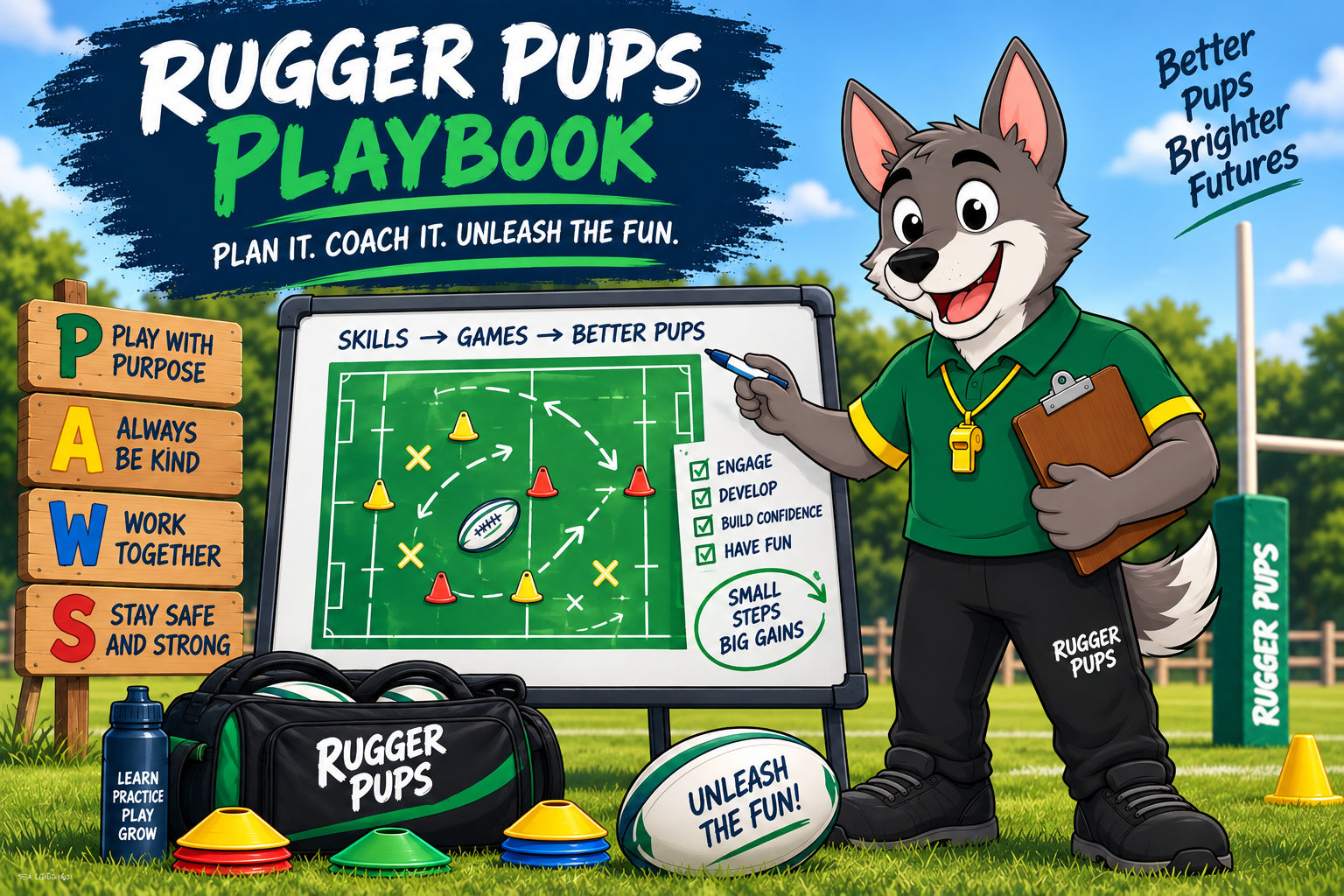 Rugger Pups Playbook coaching illustration.