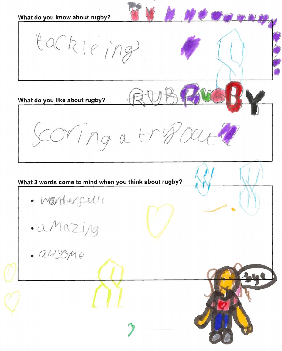 A child's drawing and handwriting describing rugby as wonderful, amazing and awesome