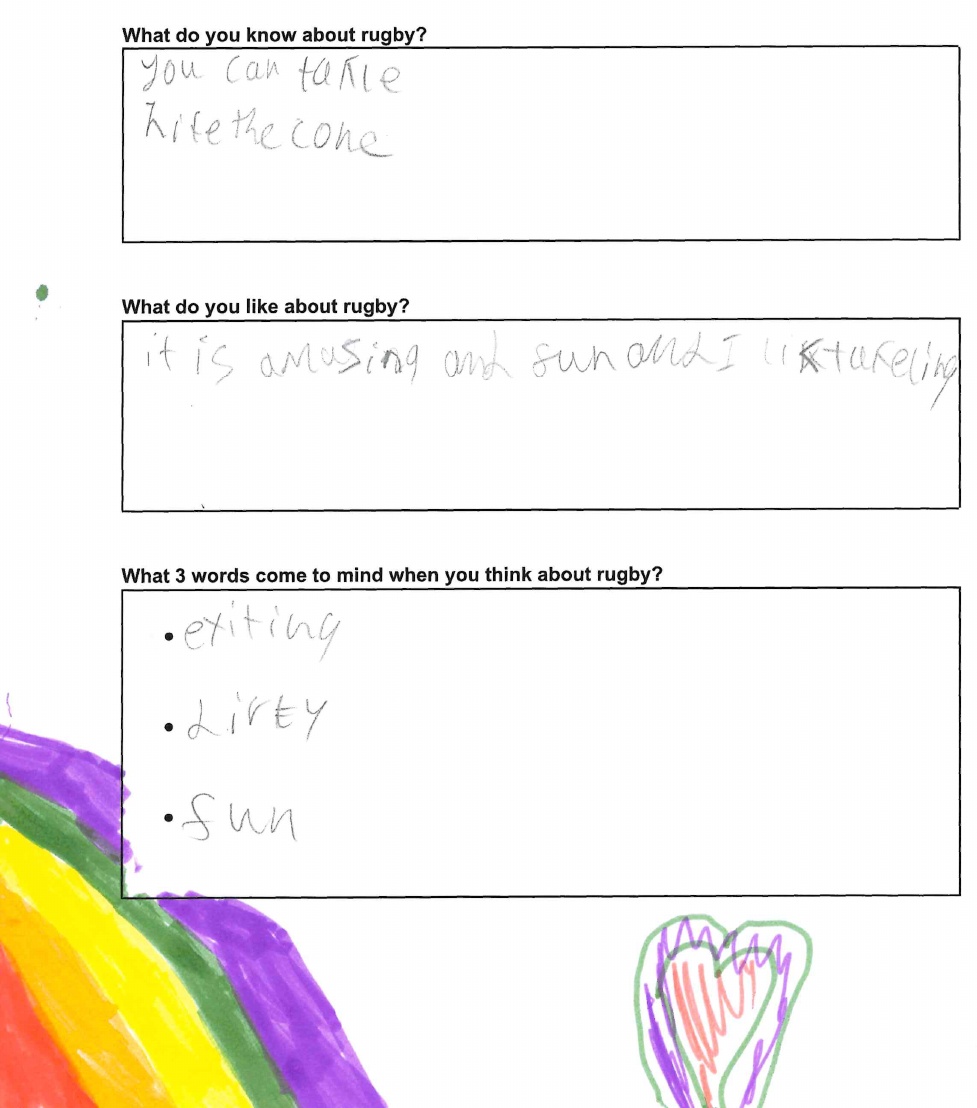 A child's handwriting describing rugby as exciting and fun, with a rainbow and a heart