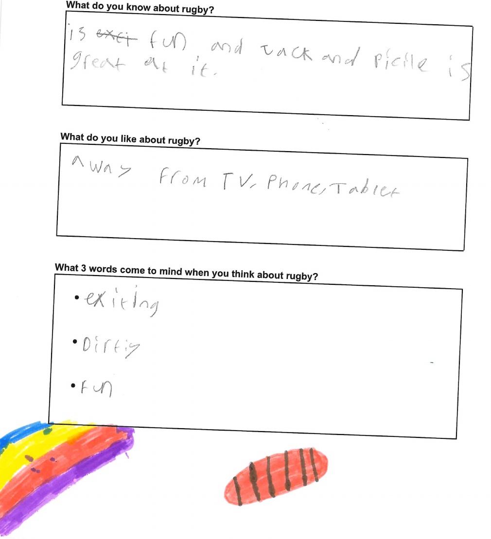 A child's handwritten rugby feedback with a colourful rainbow and red rugby ball